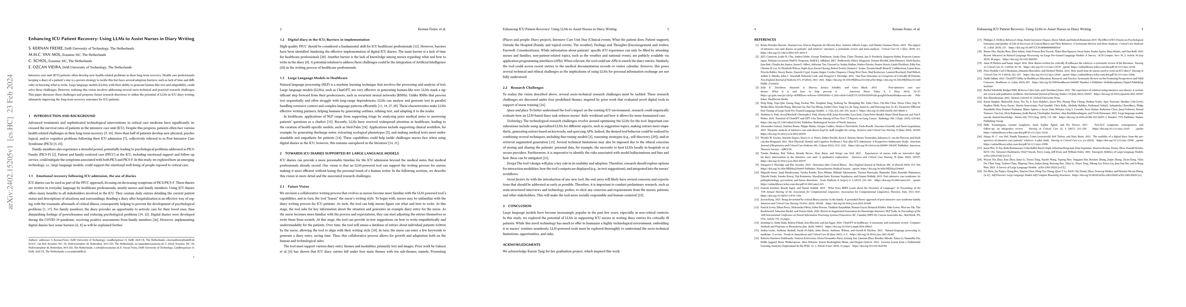 Thumbnail for Enhancing ICU Patient Recovery: Using LLMs to Assist Nurses in Diary
  Writing