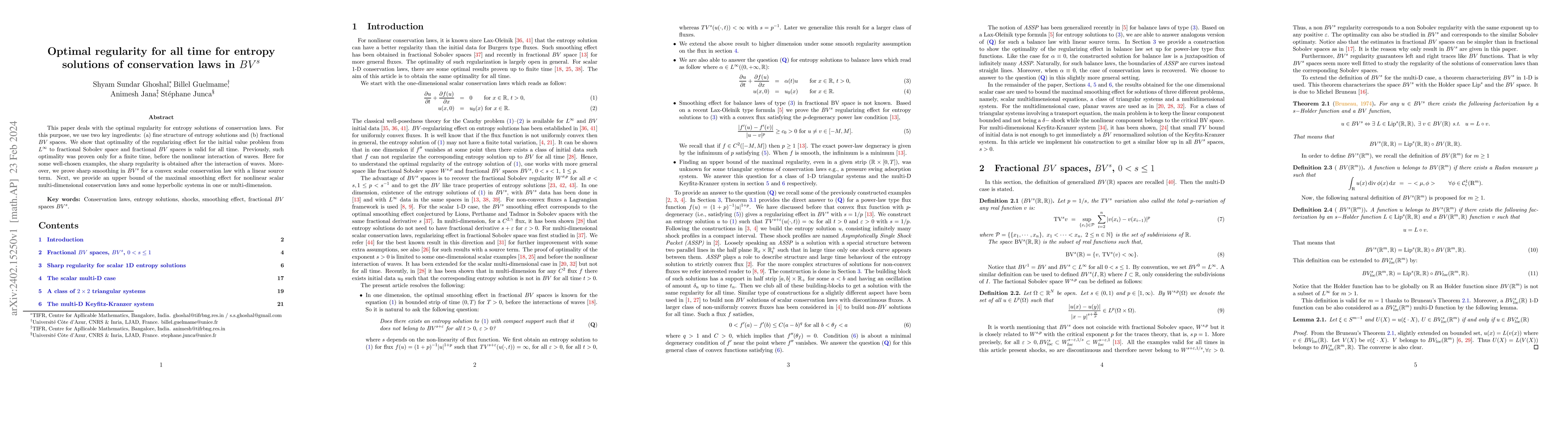Thumbnail for Optimal regularity for all time for entropy solutions of conservation
  laws in $BV^s$