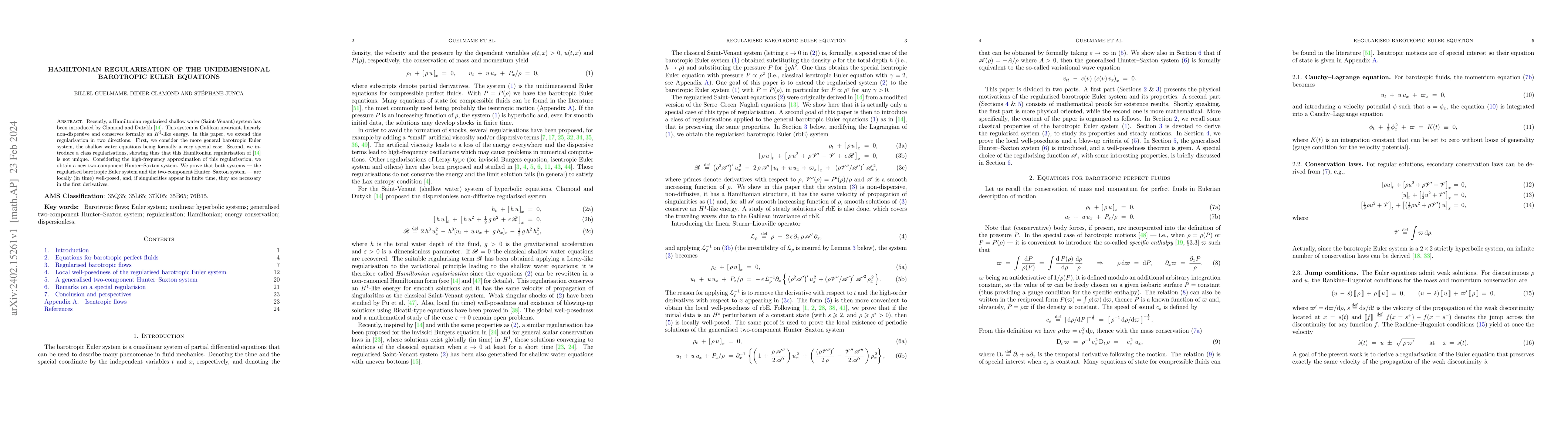 Thumbnail for Hamiltonian regularisation of the unidimensional barotropic Euler
  equations