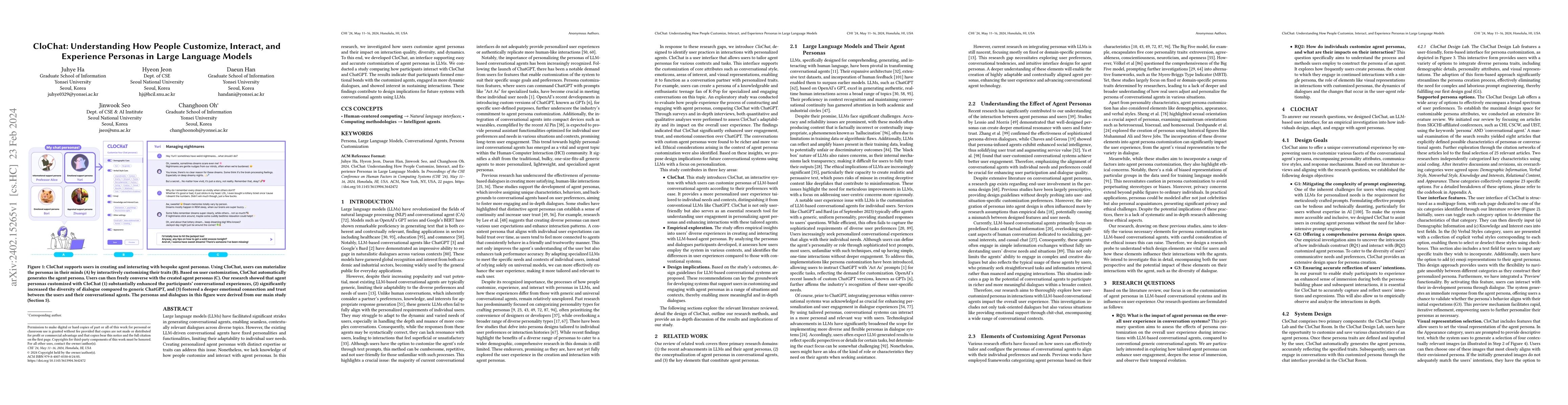 Thumbnail for CloChat: Understanding How People Customize, Interact, and Experience
  Personas in Large Language Models
