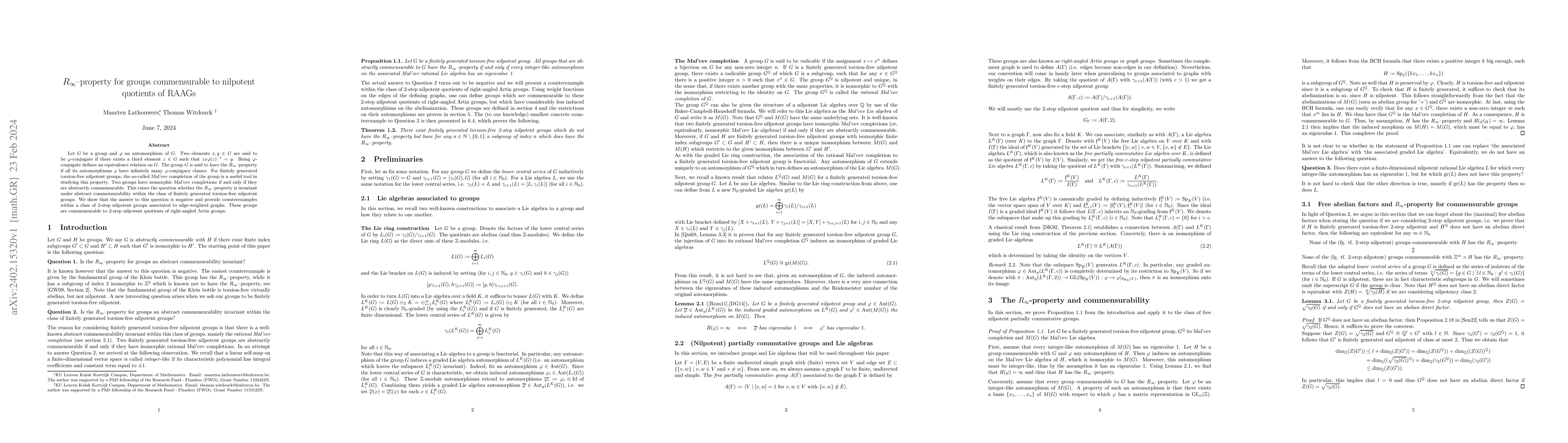 Thumbnail for $R_{\infty}$-property for groups commensurable to nilpotent quotients of
  RAAGs