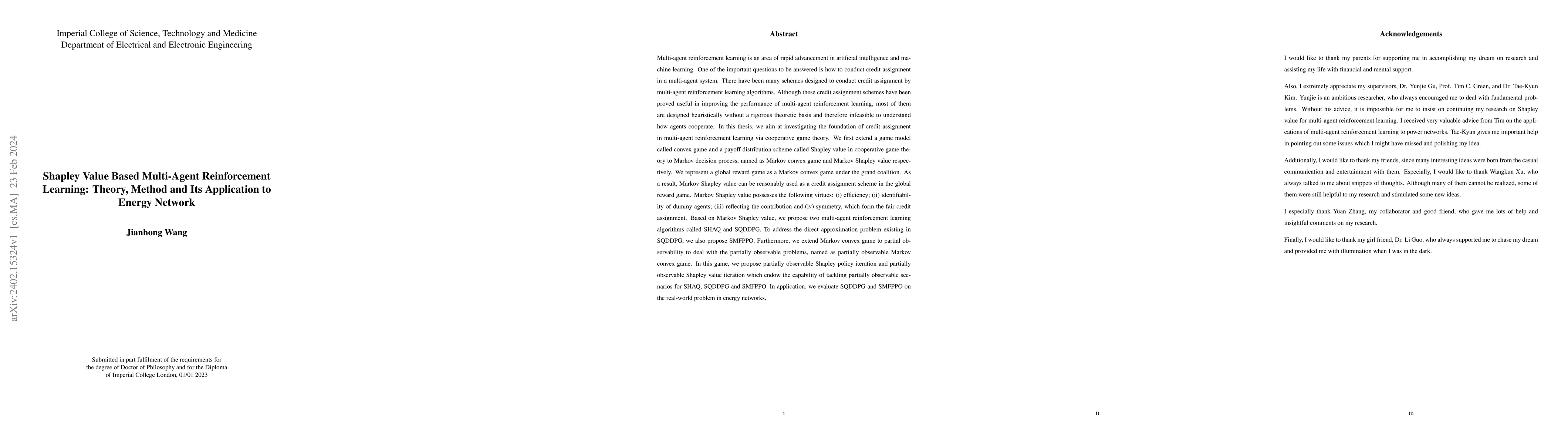 Thumbnail for Shapley Value Based Multi-Agent Reinforcement Learning: Theory, Method
  and Its Application to Energy Network