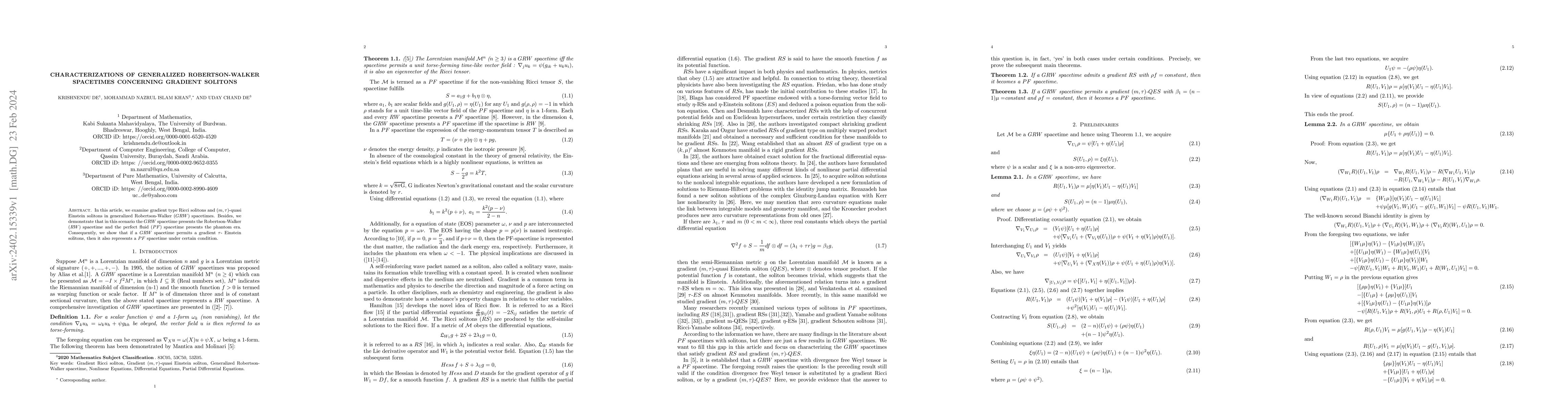 Thumbnail for Characterizations of generalized Robertson-Walker spacetimes concerning
  gradient solitons