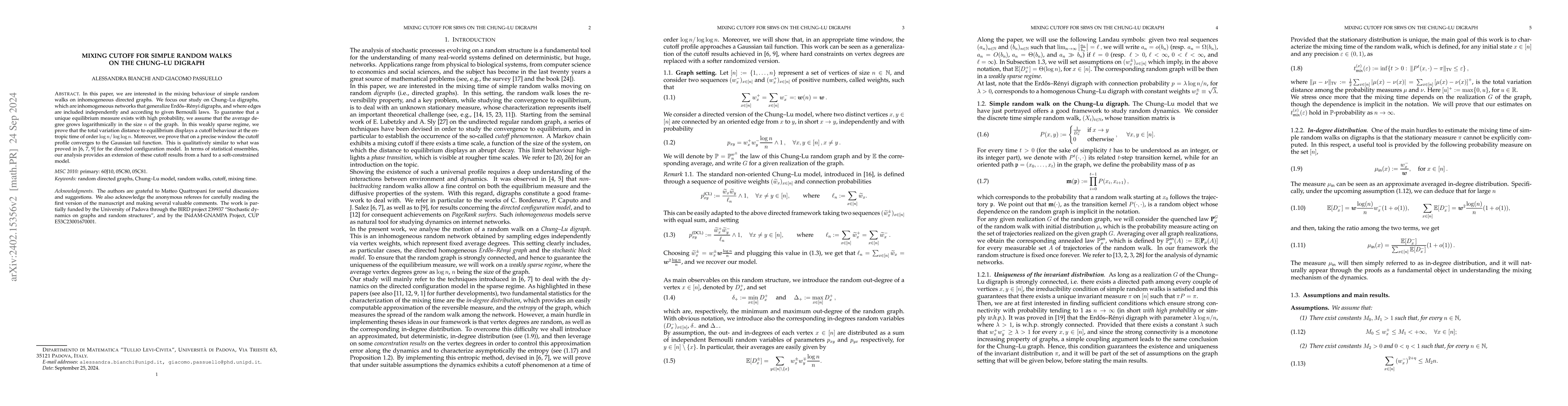 Thumbnail for Mixing cutoff for simple random walks on the Chung-Lu digraph