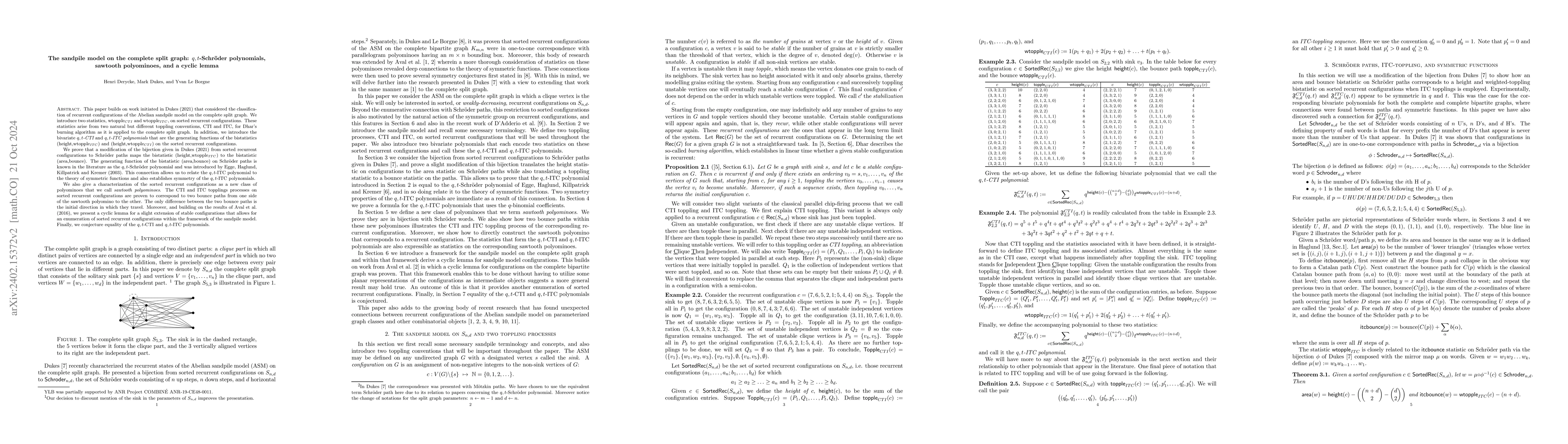 Thumbnail for The sandpile model on the complete split graph: $q,t$-Schr\"oder
  polynomials, sawtooth polyominoes, and a cyclic lemma