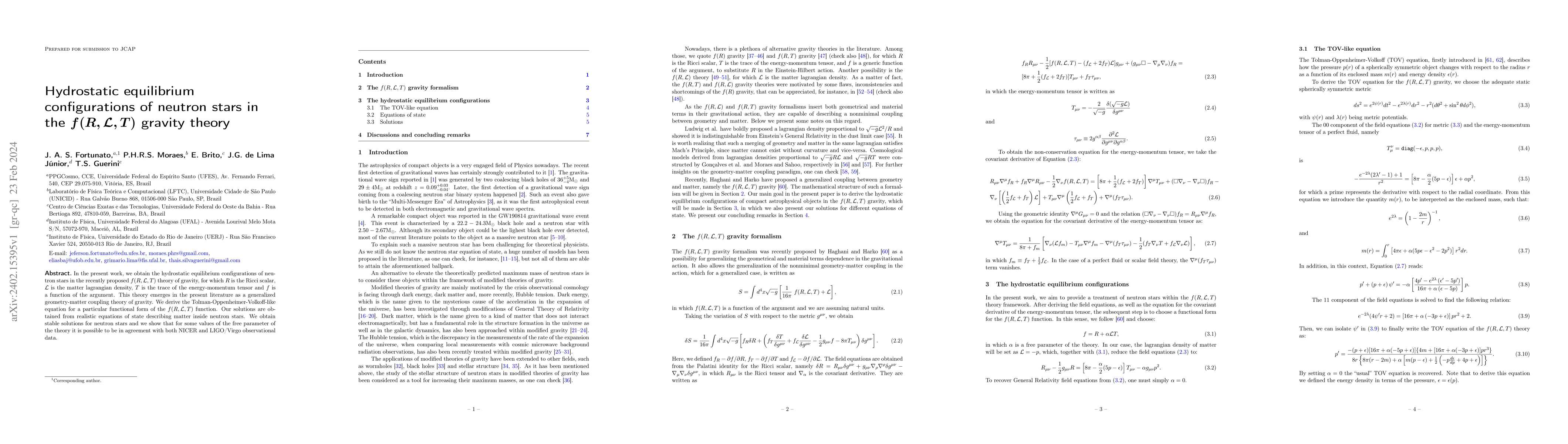 Thumbnail for Hydrostatic equilibrium configurations of neutron stars in the
  $f(R,\mathcal{L},T)$ gravity theory