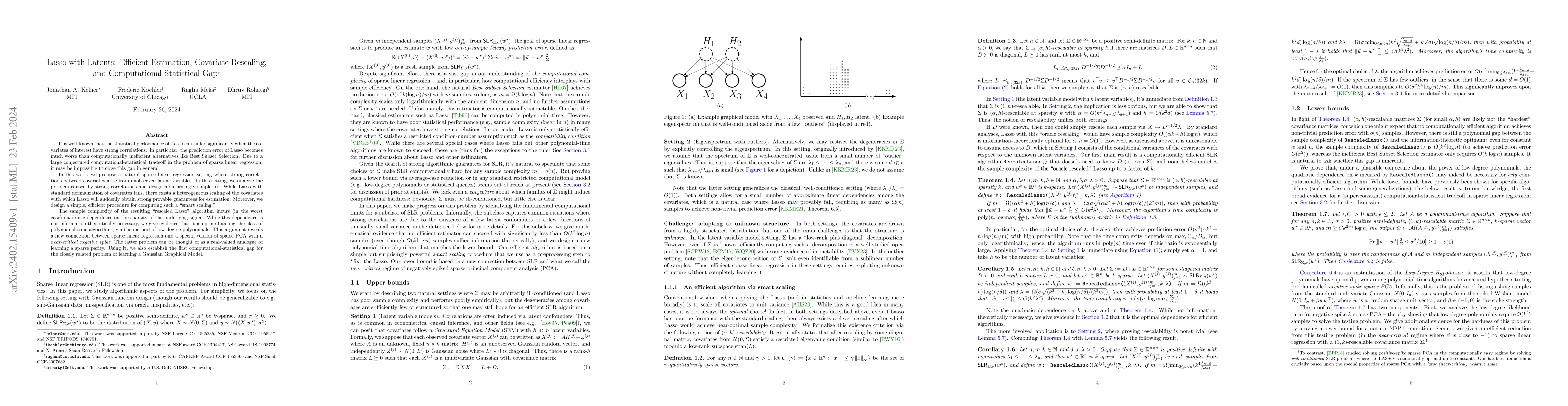 Thumbnail for Lasso with Latents: Efficient Estimation, Covariate Rescaling, and
  Computational-Statistical Gaps