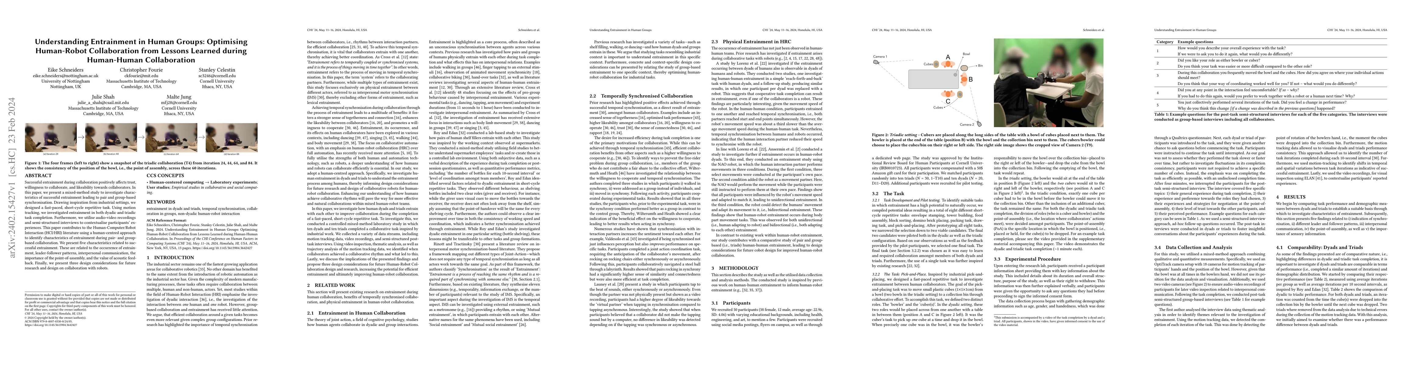 Thumbnail for Understanding Entrainment in Human Groups: Optimising Human-Robot
  Collaboration from Lessons Learned during Human-Human Collaboration