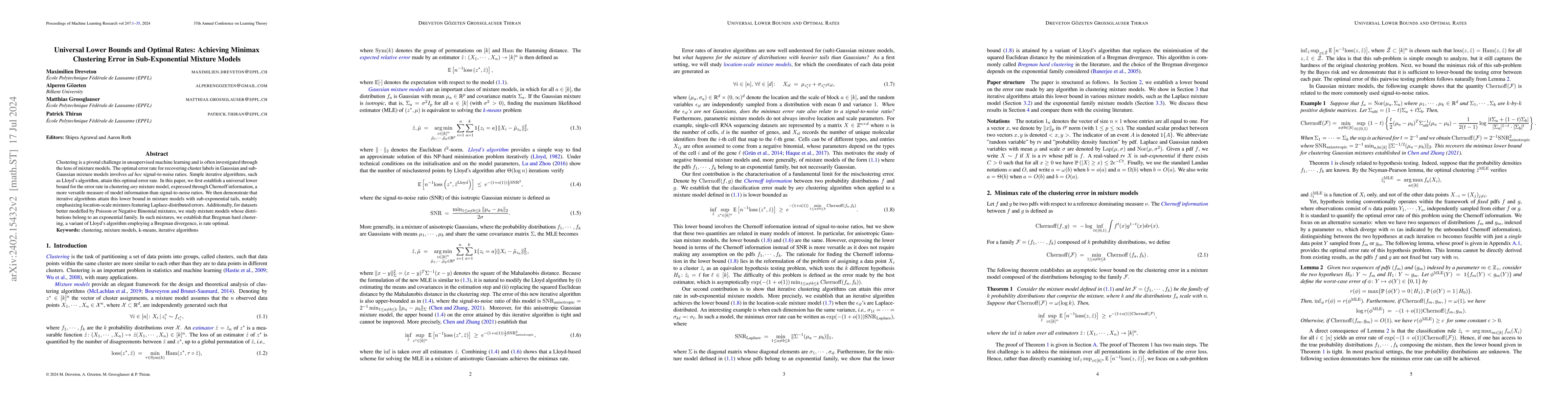Thumbnail for Universal Lower Bounds and Optimal Rates: Achieving Minimax Clustering
  Error in Sub-Exponential Mixture Models