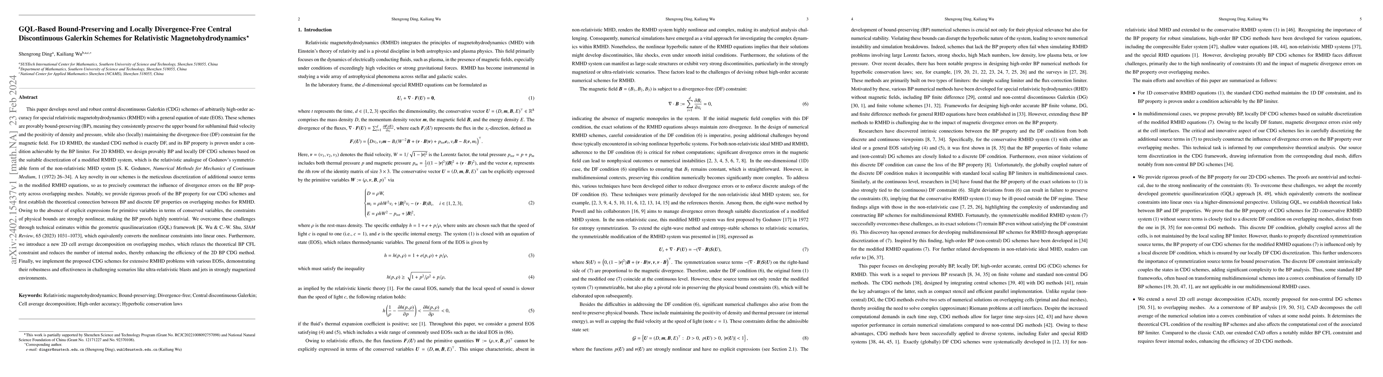 Thumbnail for GQL-Based Bound-Preserving and Locally Divergence-Free Central
  Discontinuous Galerkin Schemes for Relativistic Magnetohydrodynamics
