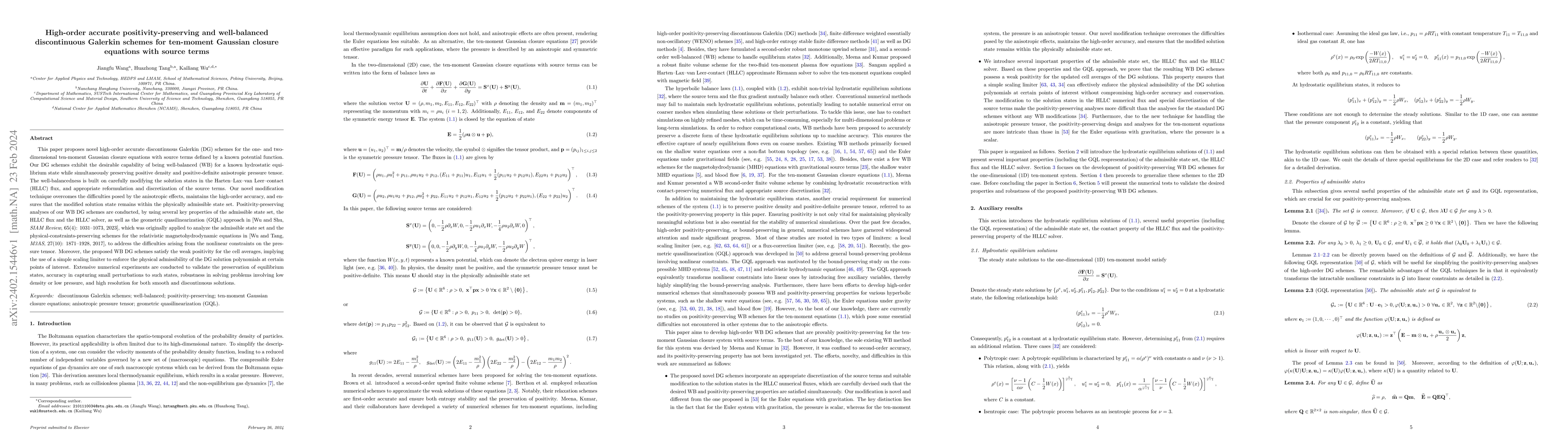 Thumbnail for High-order accurate positivity-preserving and well-balanced
  discontinuous Galerkin schemes for ten-moment Gaussian closure equations with
  source terms