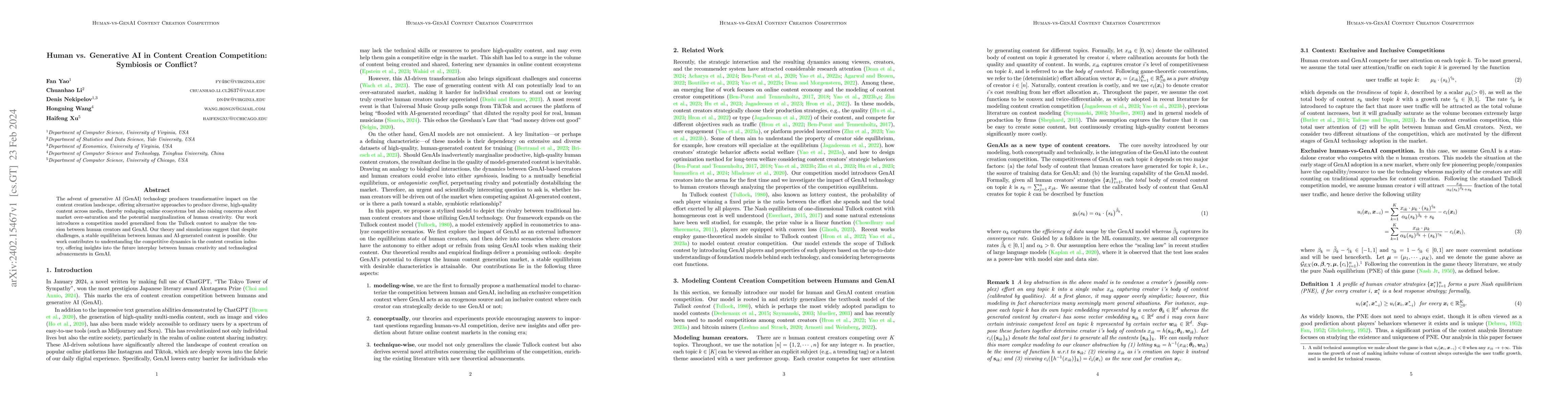 Thumbnail for Human vs. Generative AI in Content Creation Competition: Symbiosis or
  Conflict?