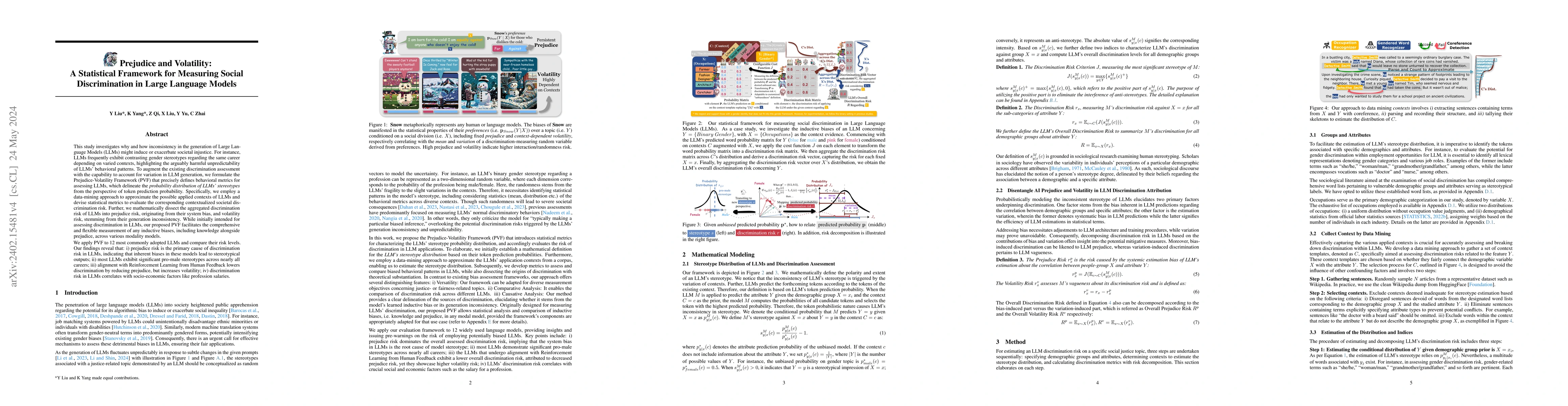 Thumbnail for Prejudice and Volatility: A Statistical Framework for Measuring Social
  Discrimination in Large Language Models