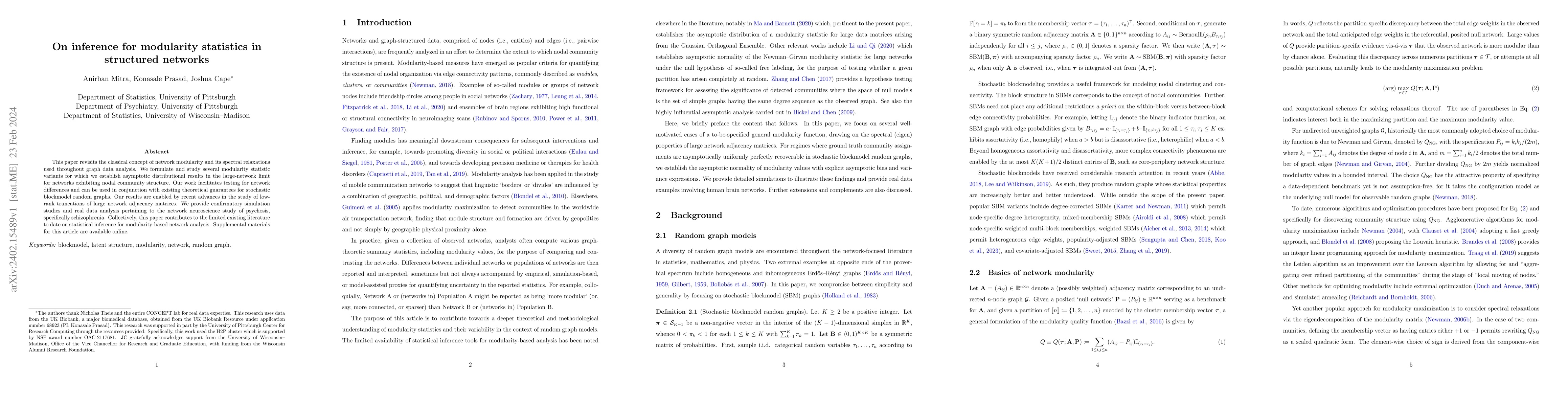 Thumbnail for On inference for modularity statistics in structured networks