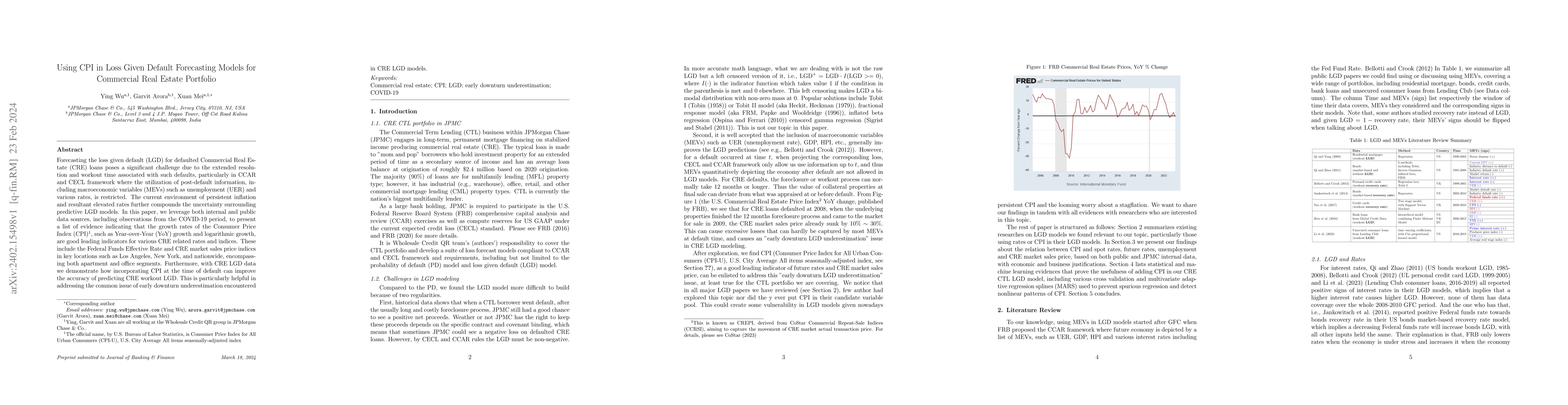 Thumbnail for Using CPI in Loss Given Default Forecasting Models for Commercial Real
  Estate Portfolio