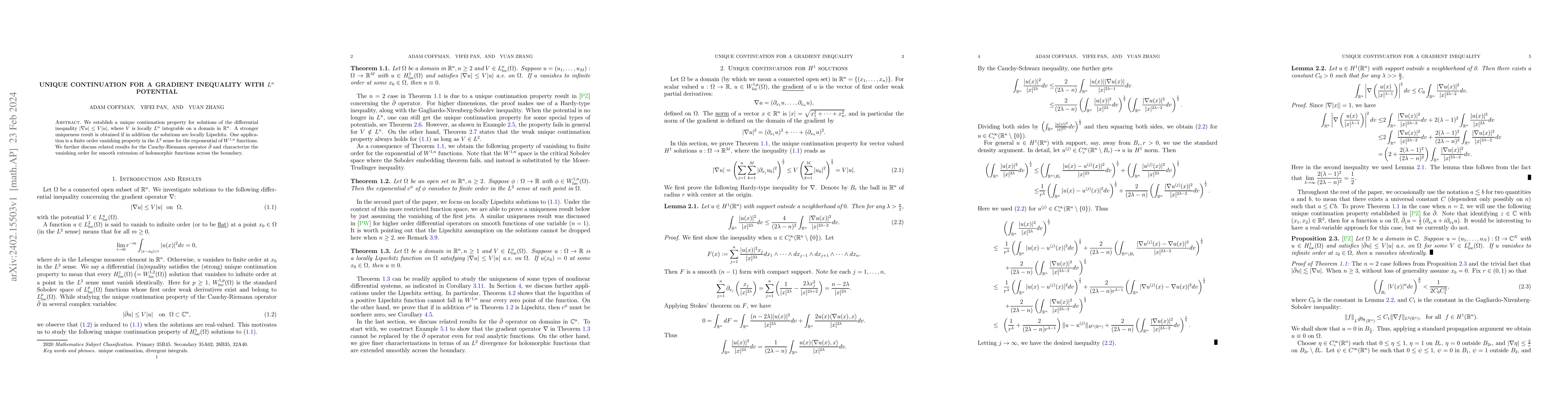 Thumbnail for Unique continuation for a gradient inequality with $L^n$ potential
