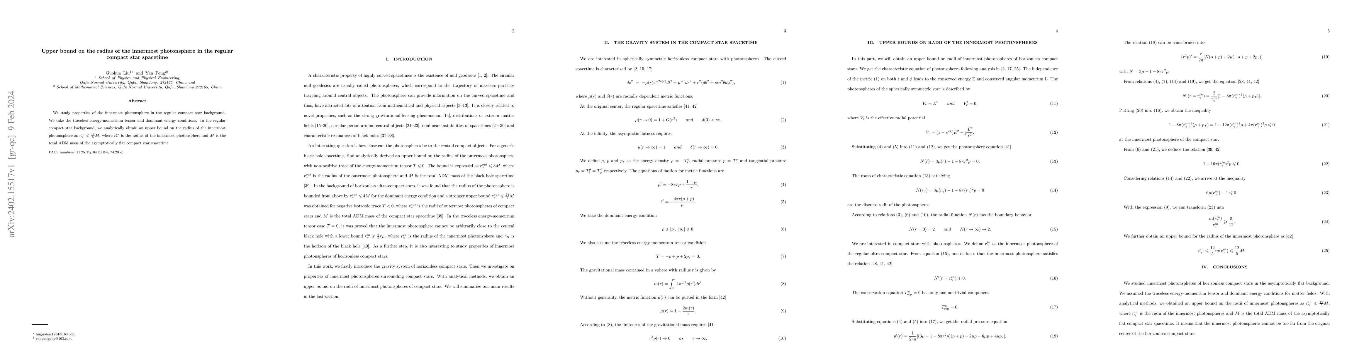 Thumbnail for Upper bound on the radius of the innermost photonsphere in the regular
  compact star spacetime