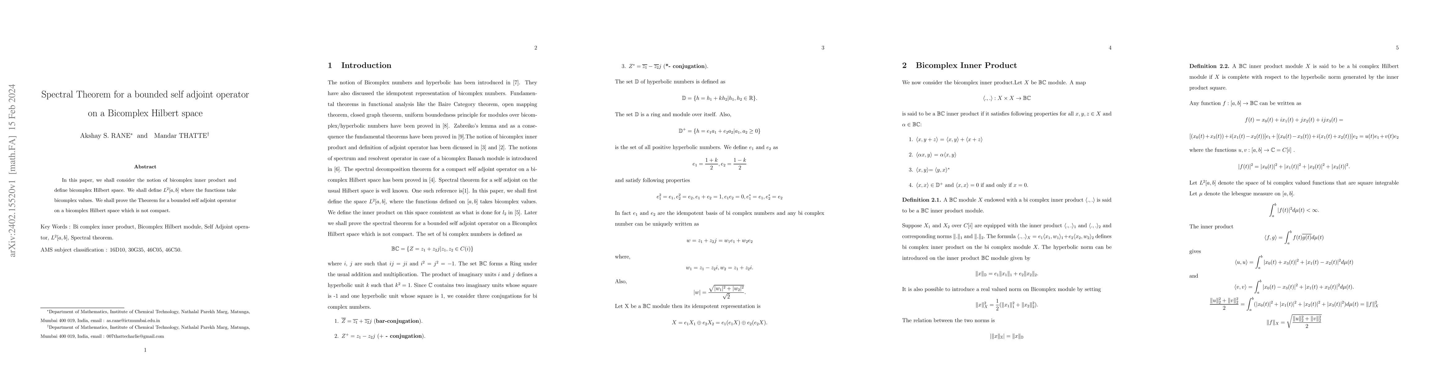 Thumbnail for Spectral Theorem for a bounded self adjoint operator on a Bicomplex
  Hilbert space