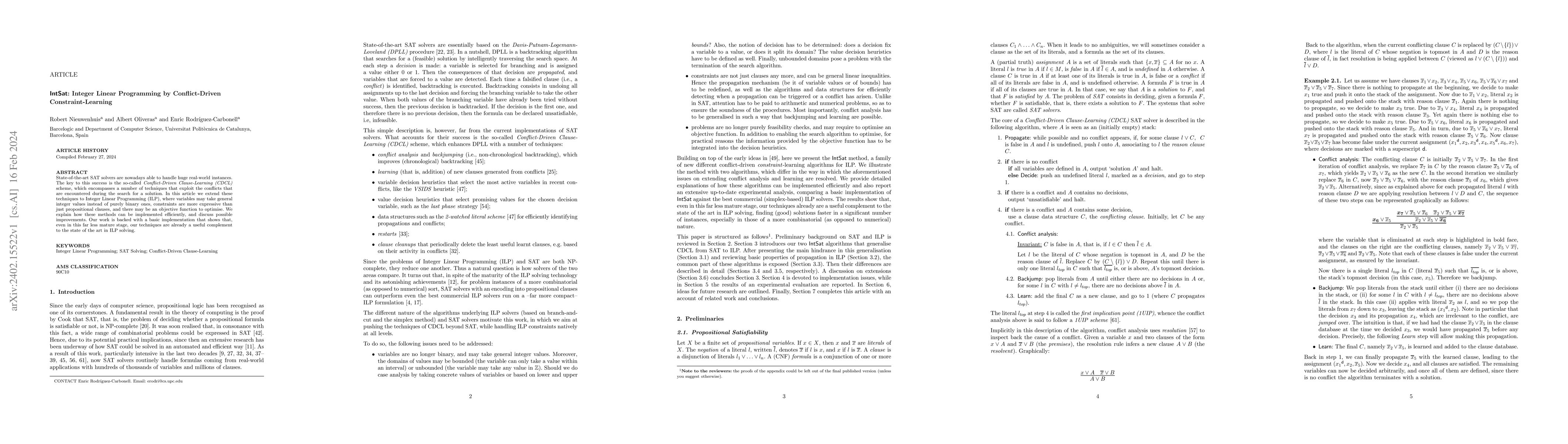 Thumbnail for IntSat: Integer Linear Programming by Conflict-Driven
  Constraint-Learning
