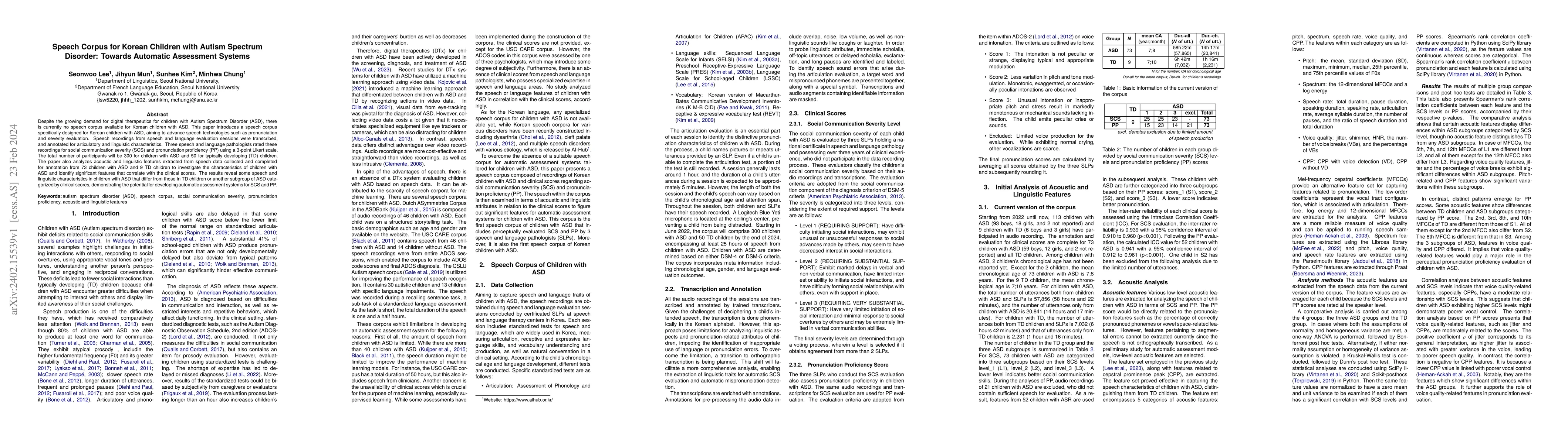 Thumbnail for Speech Corpus for Korean Children with Autism Spectrum Disorder: Towards
  Automatic Assessment Systems