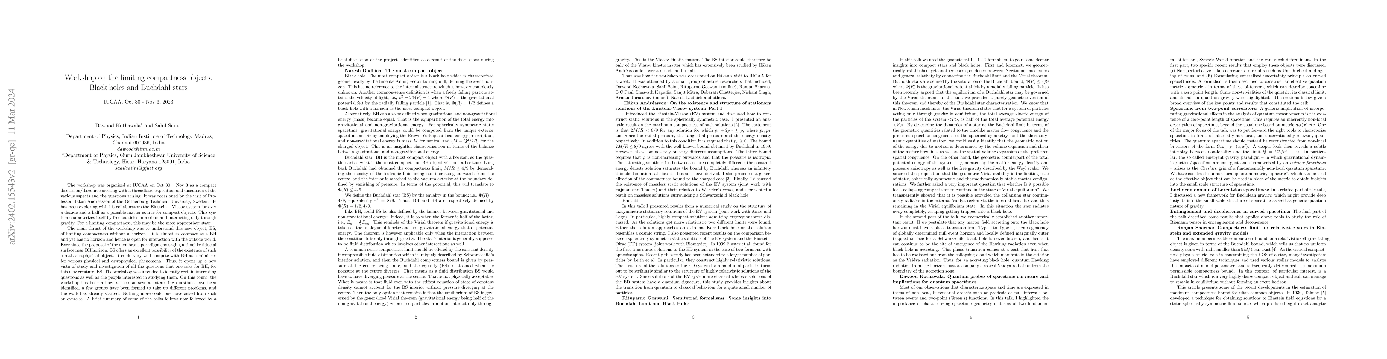 Thumbnail for Workshop on the limiting compactness objects: Black holes and Buchdahl
  stars