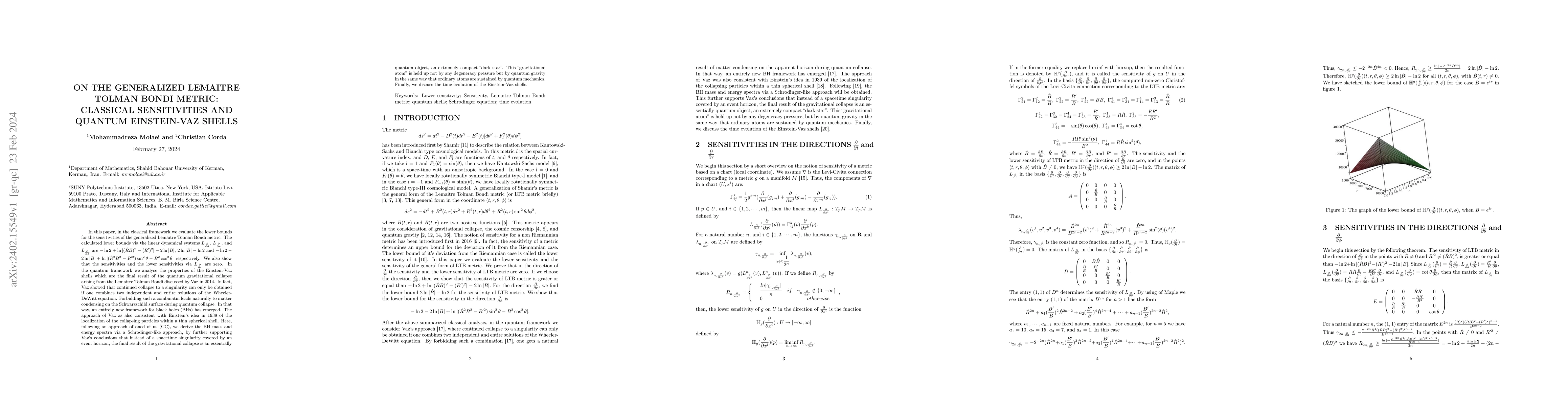 Thumbnail for On the Generalized Lemaitre Tolman Bondi Metric: Classical Sensitivities
  and Quantum Einstein-Vaz Shells
