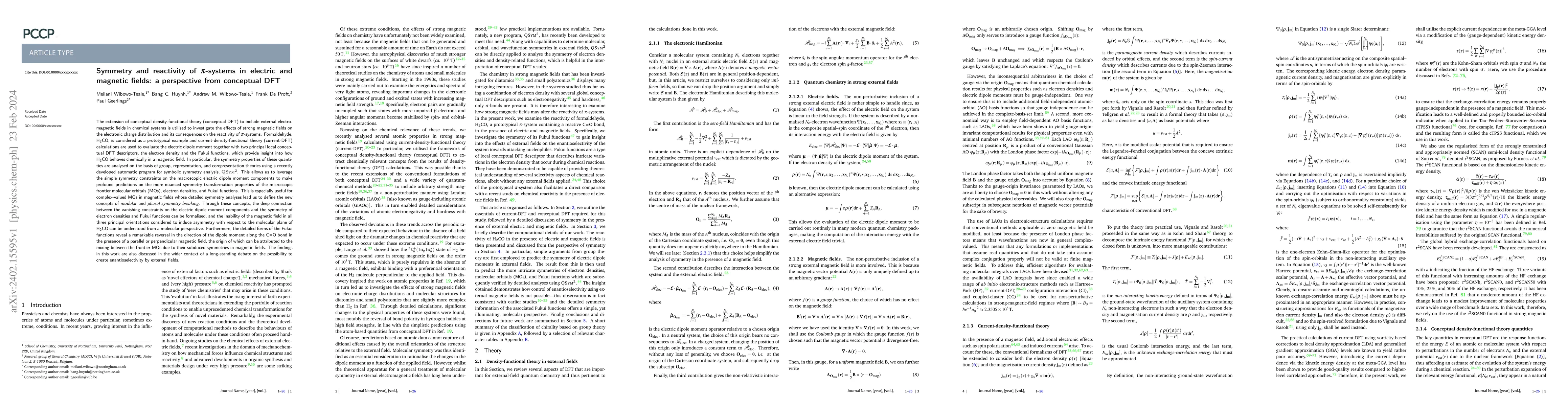 Thumbnail for Symmetry and reactivity of $\pi$-systems in electric and magnetic
  fields: a perspective from conceptual DFT