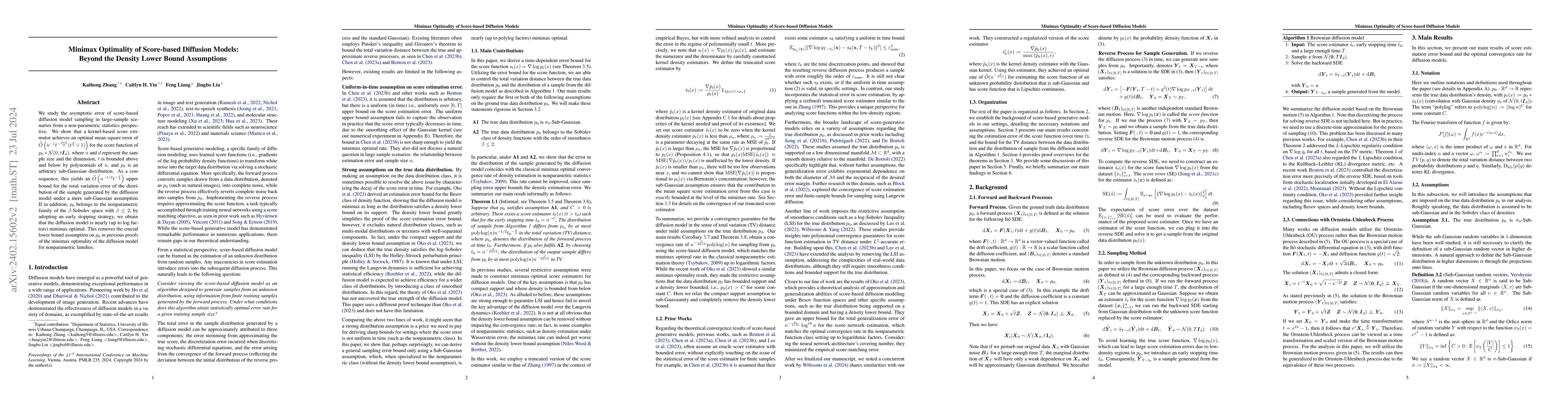 Thumbnail for Minimax Optimality of Score-based Diffusion Models: Beyond the Density
  Lower Bound Assumptions