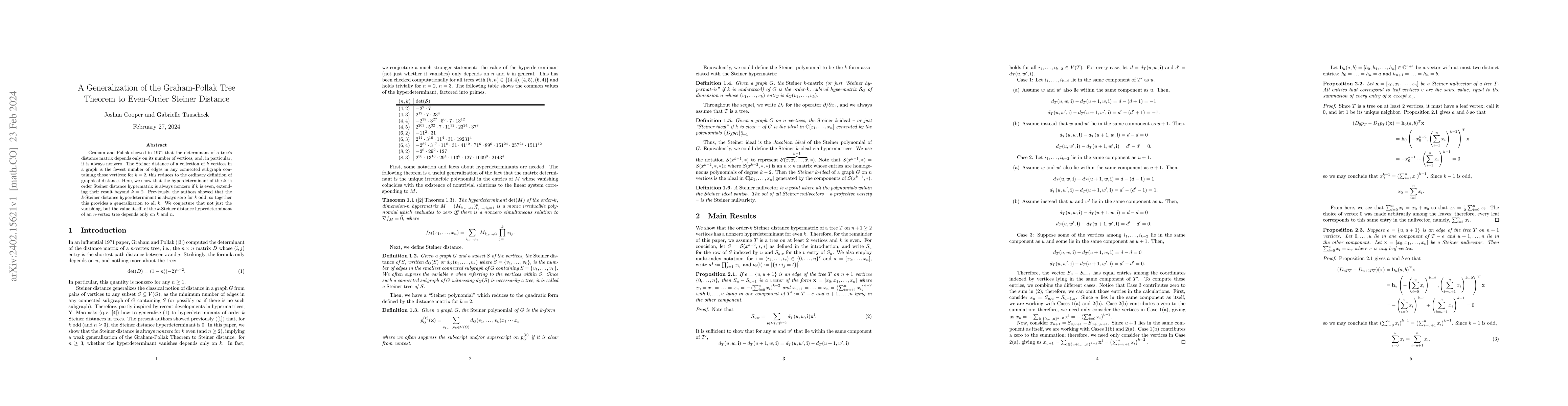 Thumbnail for A Generalization of the Graham-Pollak Tree Theorem to Even-Order Steiner
  Distance