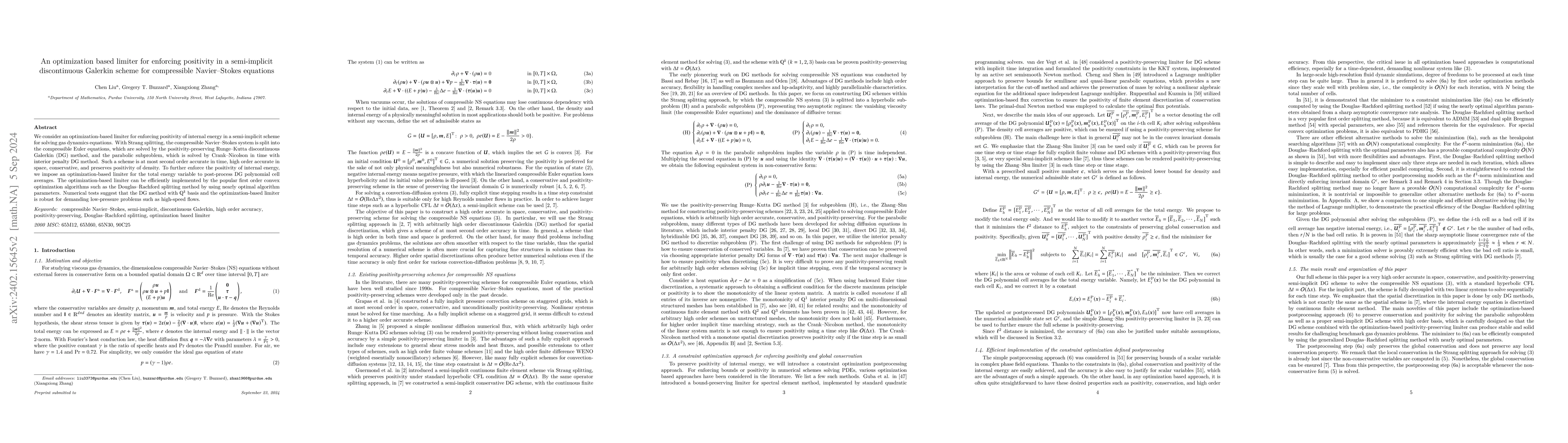 Thumbnail for An optimization based limiter for enforcing positivity in a
  semi-implicit discontinuous Galerkin scheme for compressible Navier-Stokes
  equations