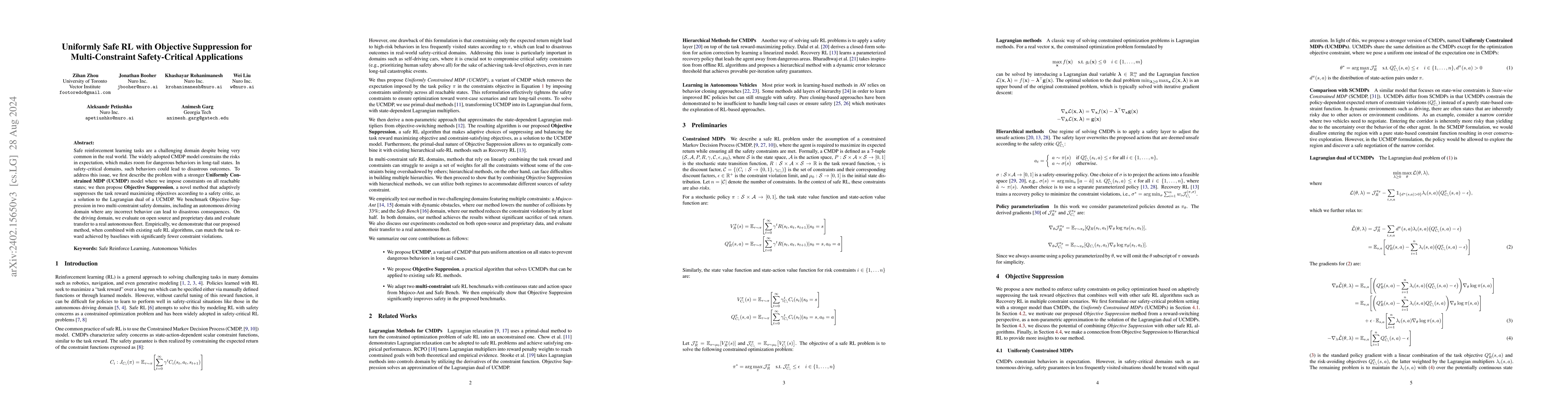 Thumbnail for Multi-Constraint Safe RL with Objective Suppression for Safety-Critical
  Applications