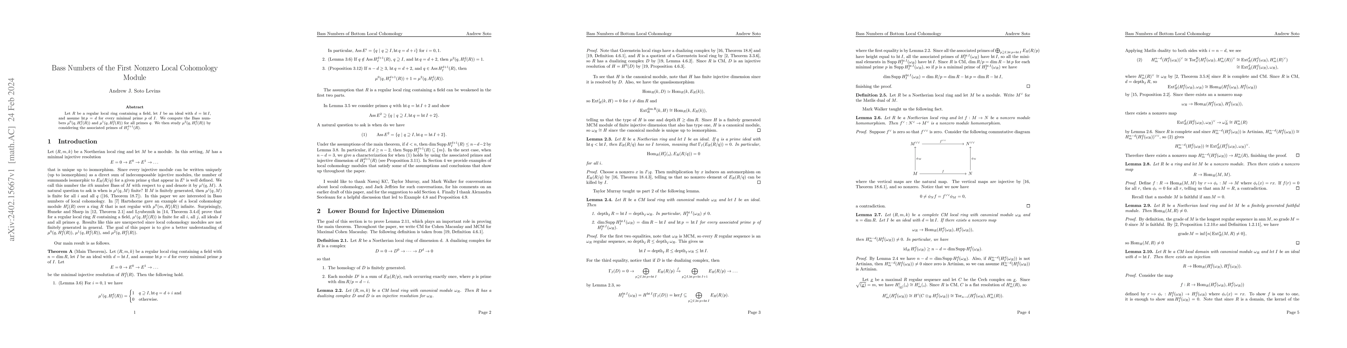 Thumbnail for Bass Numbers of the First Nonzero Local Cohomology Module