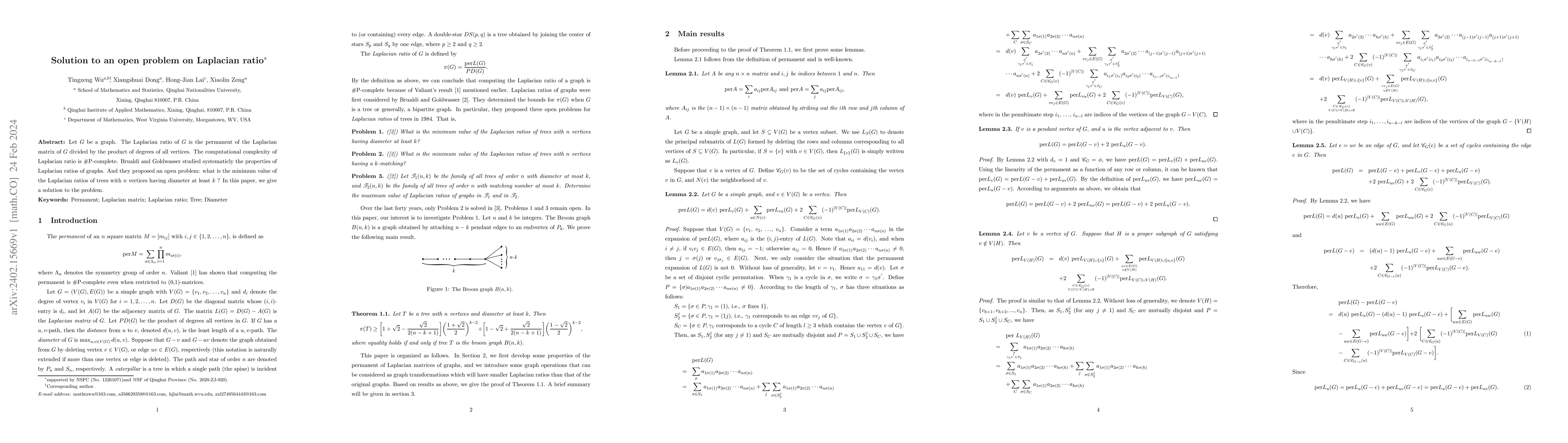 Thumbnail for Solution to an open problem on Laplacian ratio