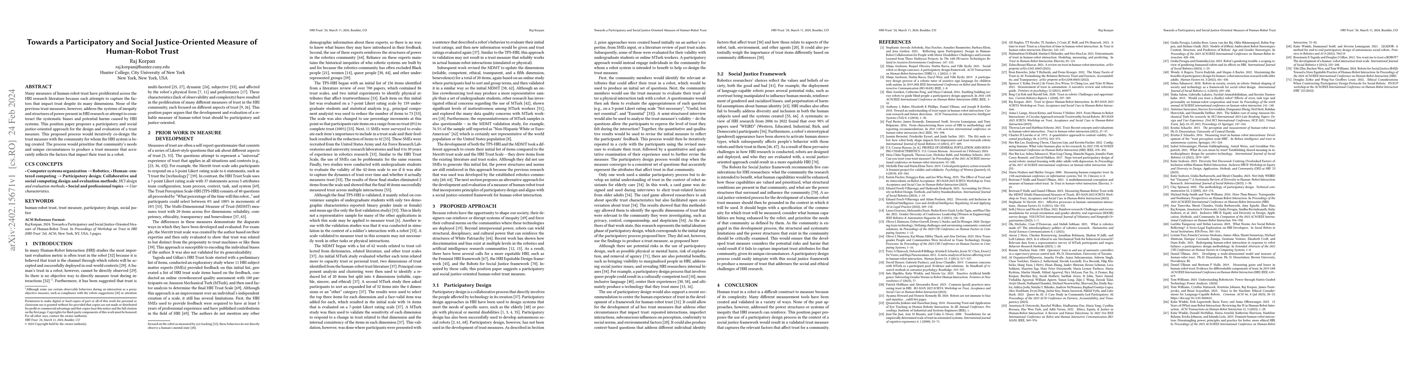 Thumbnail for Towards a Participatory and Social Justice-Oriented Measure of
  Human-Robot Trust