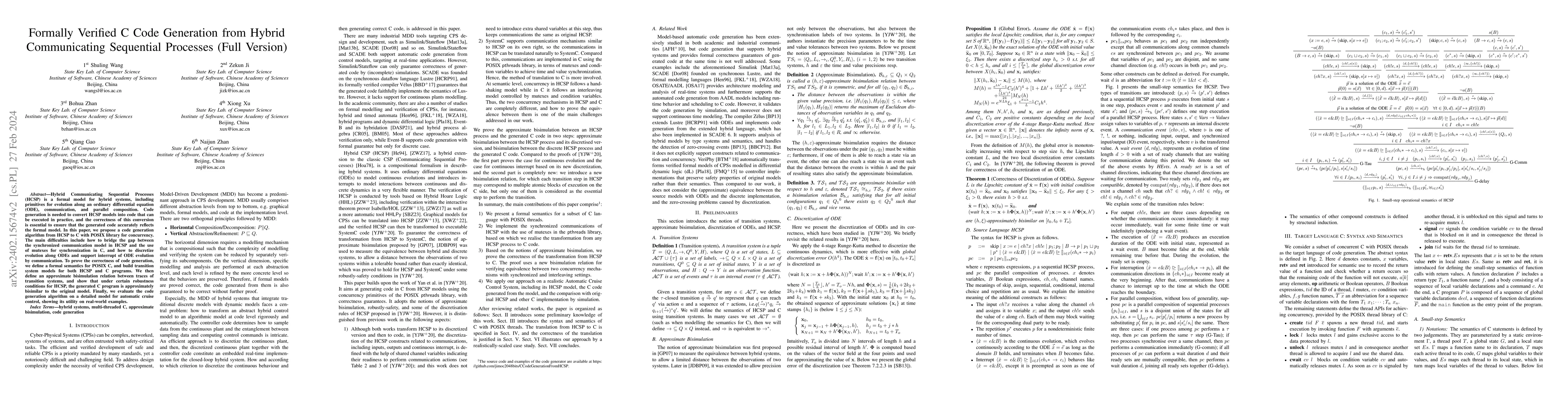 Thumbnail for Formally Verified C Code Generation from Hybrid Communicating Sequential
  Processes