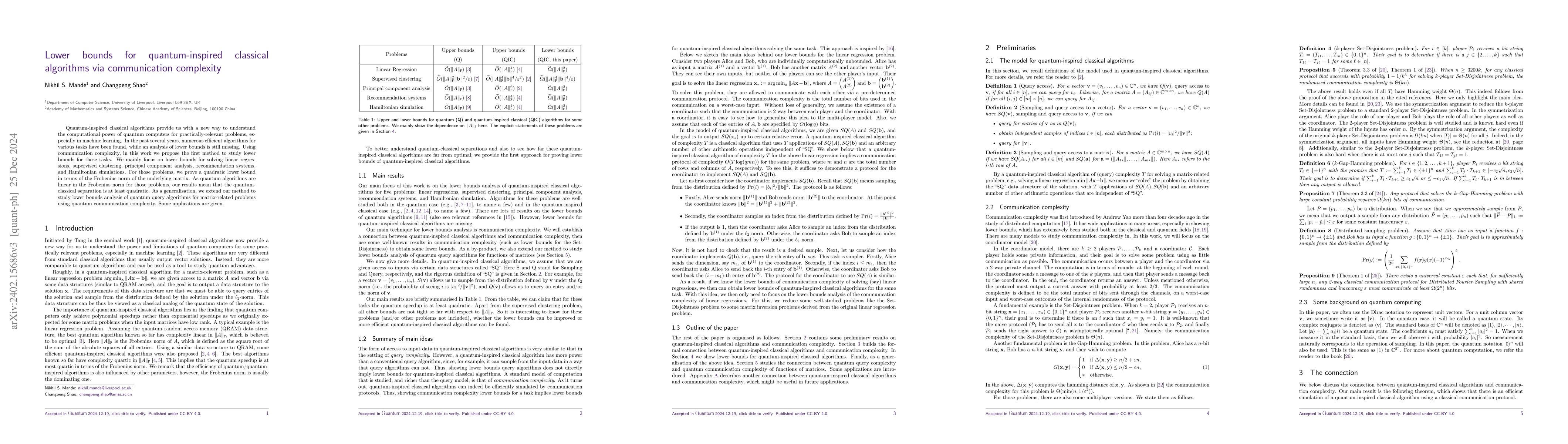 Thumbnail for Lower bounds for quantum-inspired classical algorithms via communication
  complexity