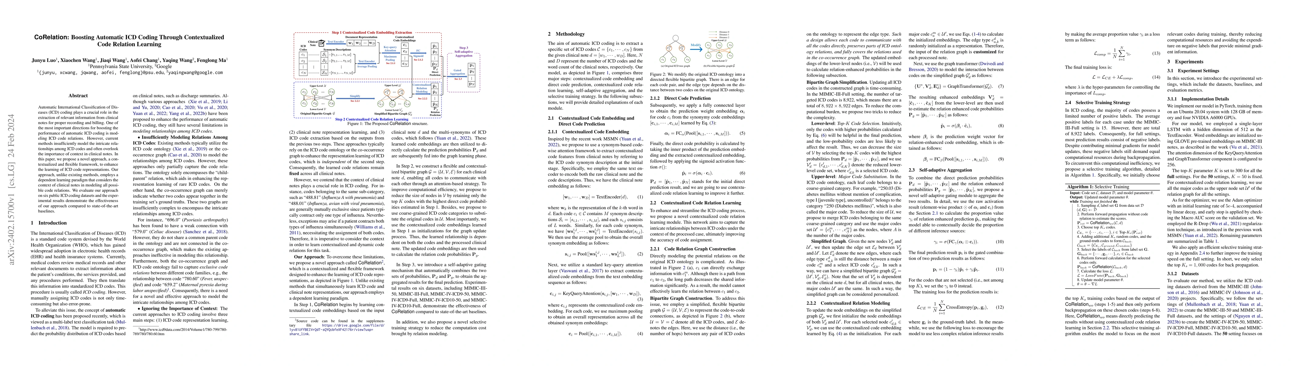 Thumbnail for CoRelation: Boosting Automatic ICD Coding Through Contextualized Code
  Relation Learning