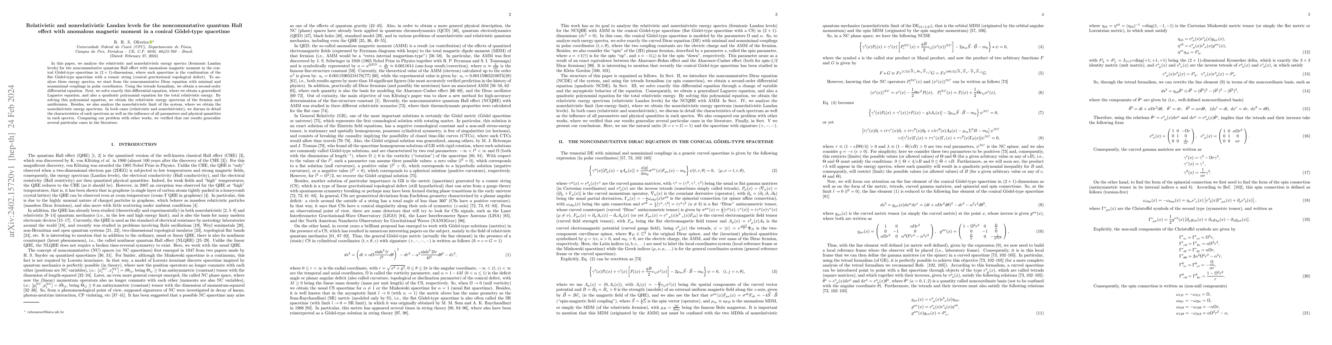 Thumbnail for Relativistic and nonrelativistic Landau levels for the noncommutative
  quantum Hall effect with anomalous magnetic moment in a conical G\"odel-type
  spacetime