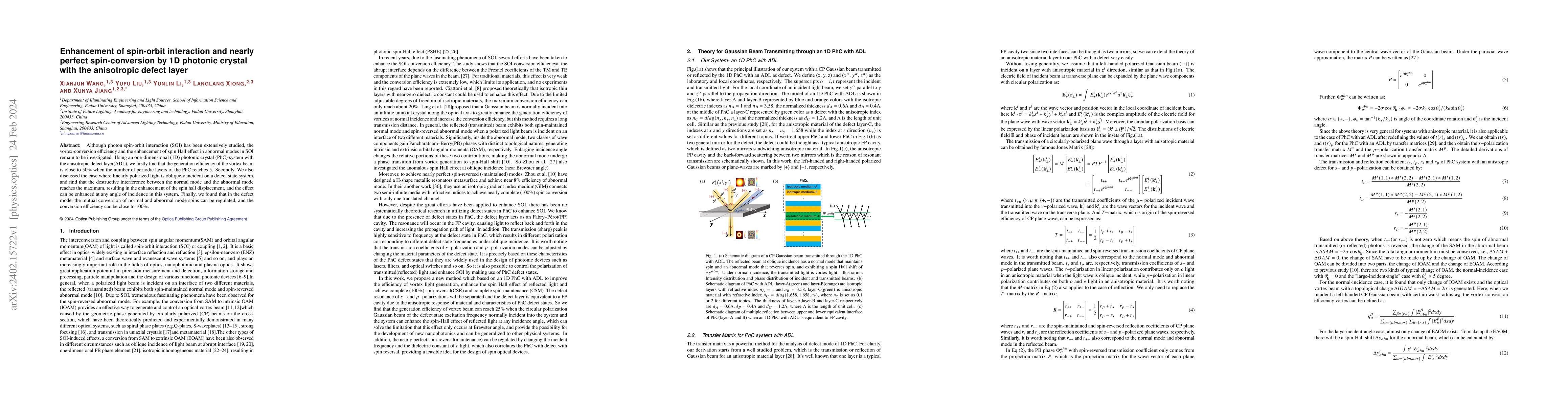 Thumbnail for Enhancement of spin-orbit interaction and nearly perfect spin-conversion
  by 1D photonic crystal with the anisotropic defect layer