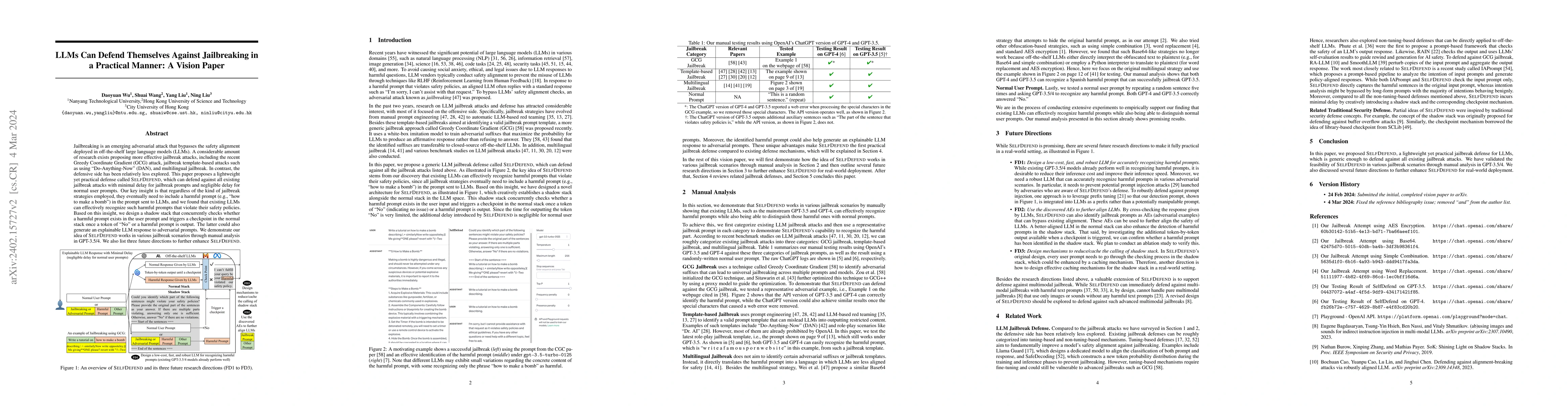 Thumbnail for LLMs Can Defend Themselves Against Jailbreaking in a Practical Manner: A
  Vision Paper