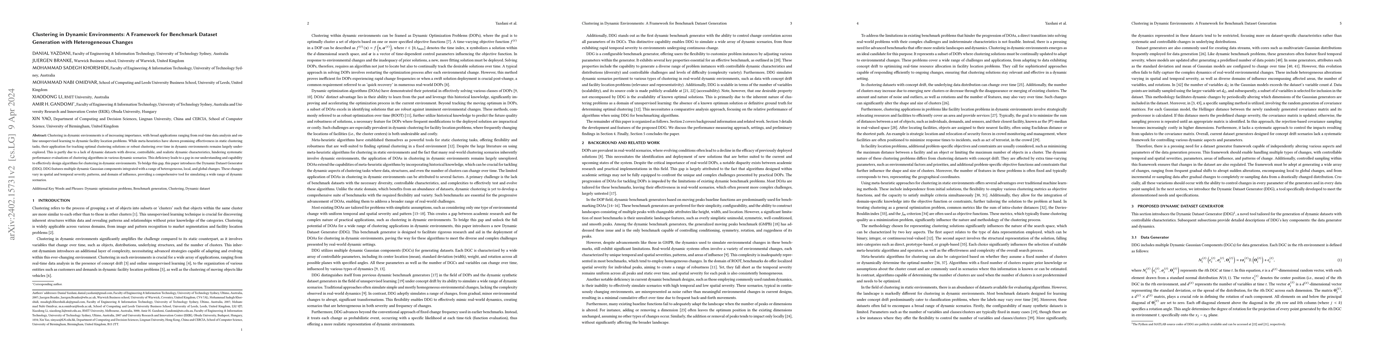 Thumbnail for Clustering in Dynamic Environments: A Framework for Benchmark Dataset
  Generation With Heterogeneous Changes