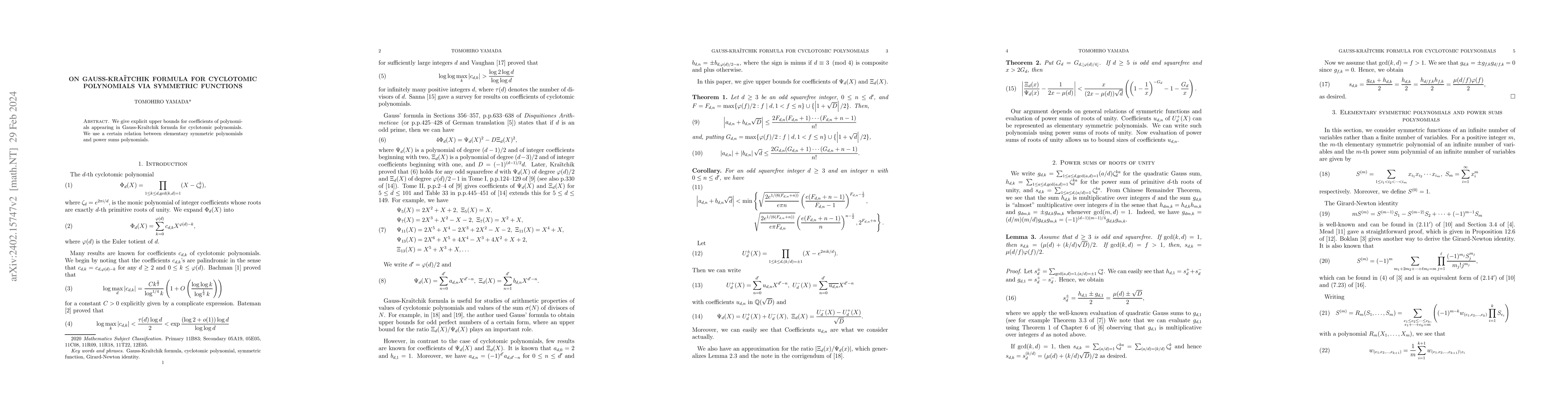 Thumbnail for On Gauss-Kraitchik formula for cyclotomic polynomials via symmetric
  functions