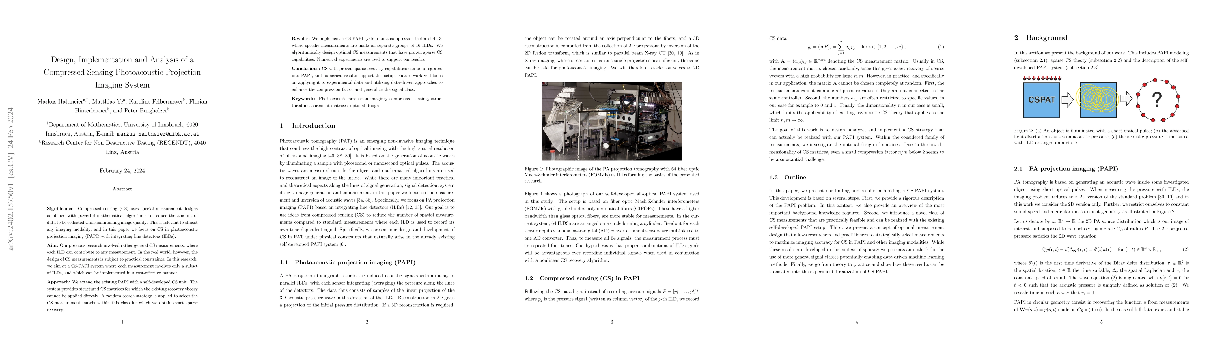 Thumbnail for Design, Implementation and Analysis of a Compressed Sensing
  Photoacoustic Projection Imaging System