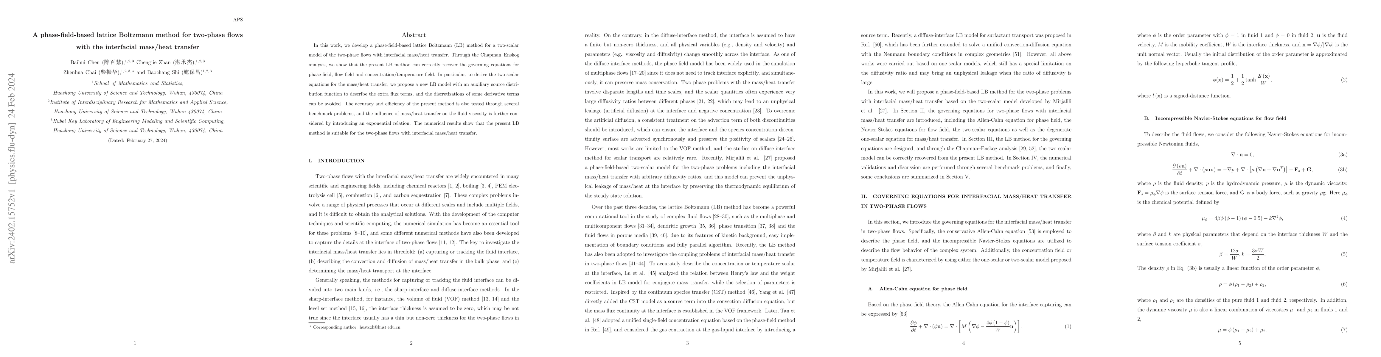 Thumbnail for A phase-field-based lattice Boltzmann method for two-phase flows with
  the interfacial mass/heat transfer