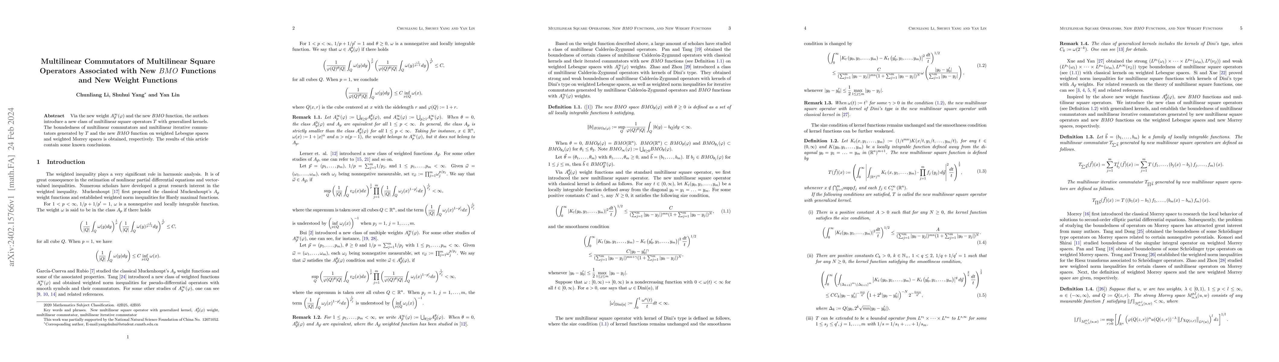 Thumbnail for Multilinear Commutators of Multilinear Square Operators Associated with
  New $BMO$ Functions and New Weight Functions