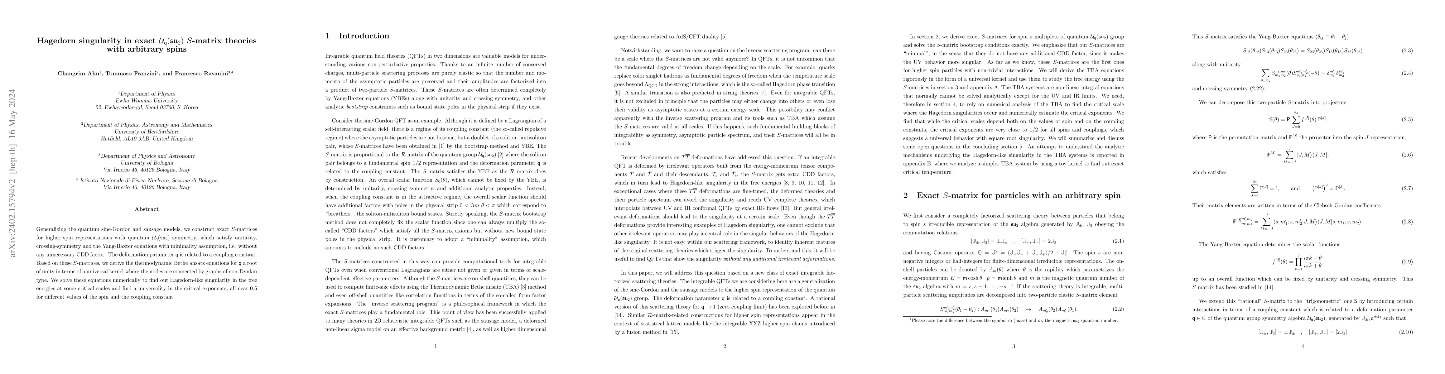 Thumbnail for Hagedorn singularity in exact U_q(su(2)) S-matrix theories with
  arbitrary spins