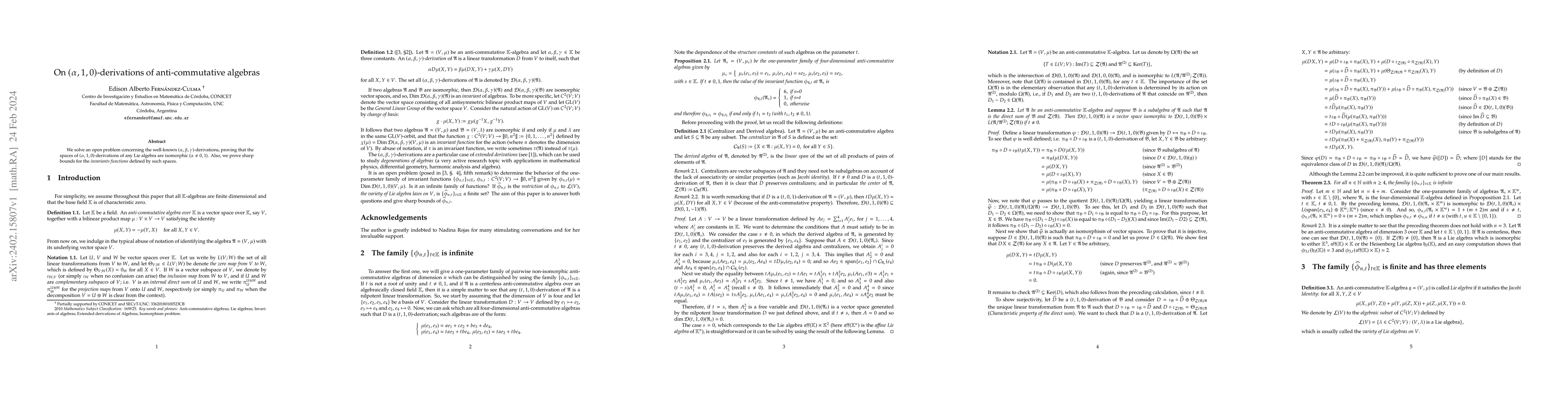 Thumbnail for On $(\alpha,1,0)$-derivations of anti-commutative algebras