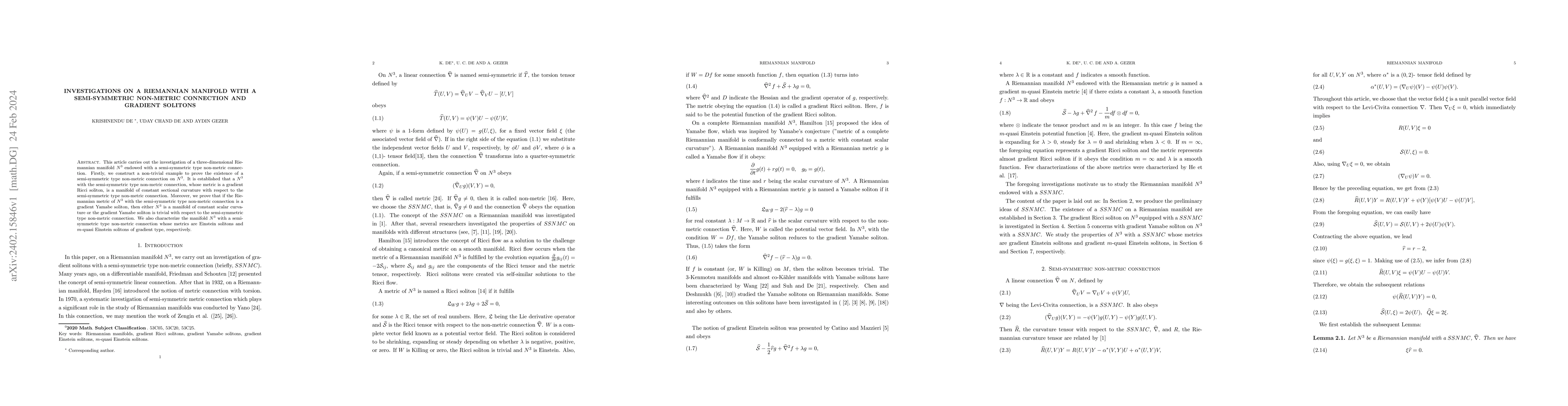Thumbnail for Investigations on a Riemannian manifold with a semi-symmetric non-metric
  connection and gradient solitons