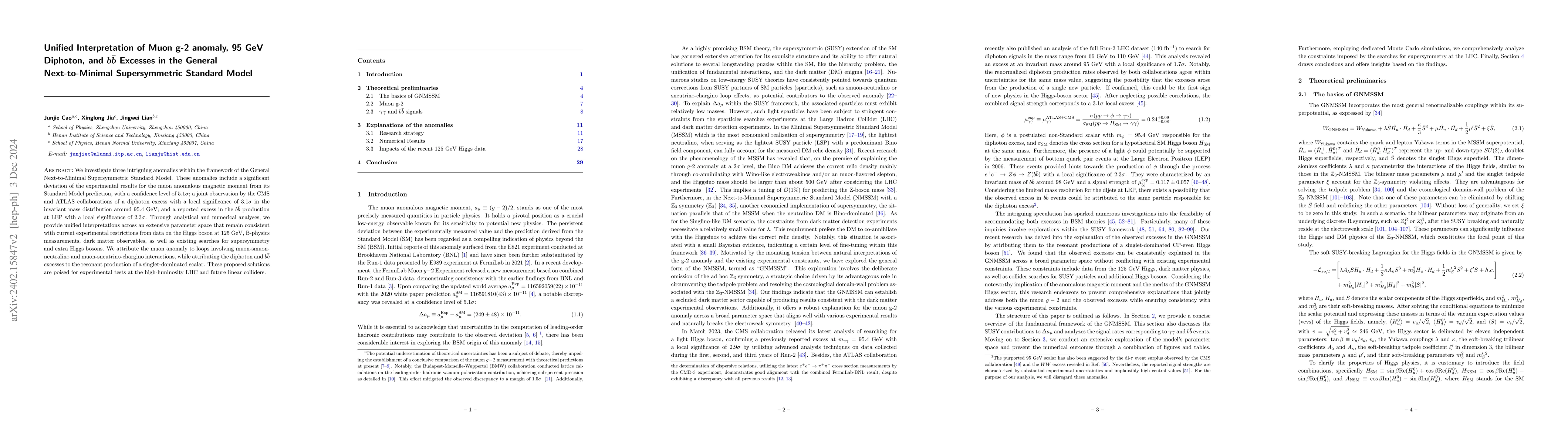 Thumbnail for Unified Interpretation of Muon g-2 anomaly, 95 GeV Diphoton, and
  $b\bar{b}$ Excesses in the General Next-to-Minimal Supersymmetric Standard
  Model