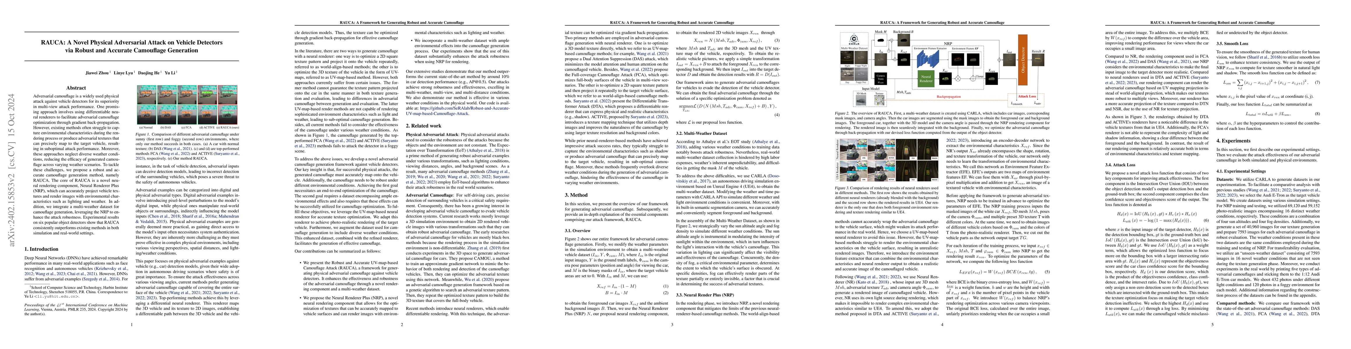 Thumbnail for RAUCA: A Novel Physical Adversarial Attack on Vehicle Detectors via
  Robust and Accurate Camouflage Generation